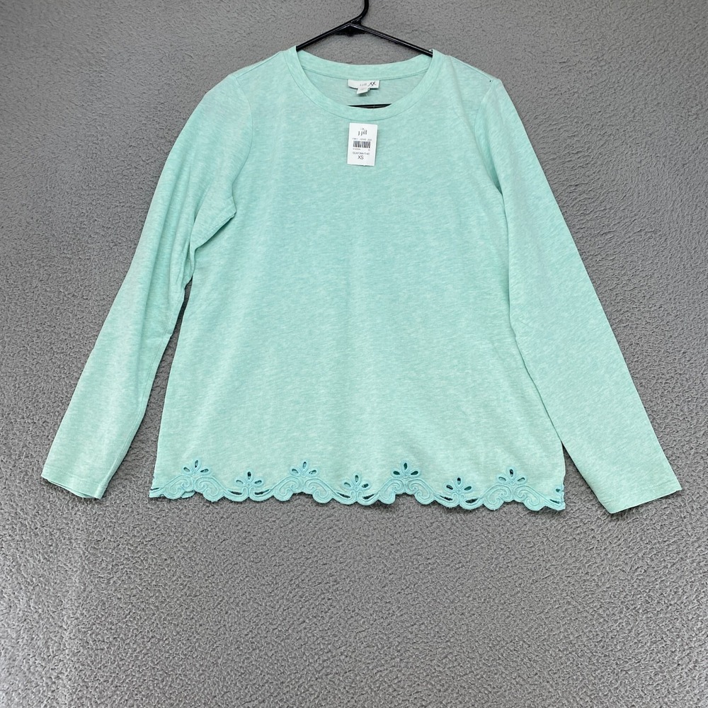 J. Jill Top Womens‎ XS Mint Seafoam Long Sleeve Cotton Floral Crochet Hem